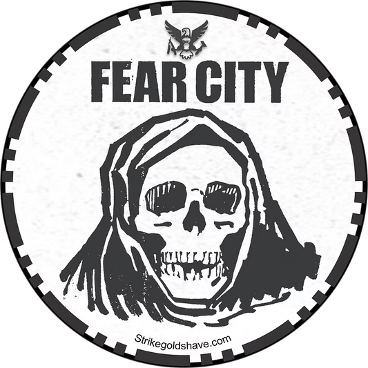 Pasteur Pharmacy Strike Gold Shave Fear City Shaving Collection with shaving soap in a 5oz container, part of the grooming kit.