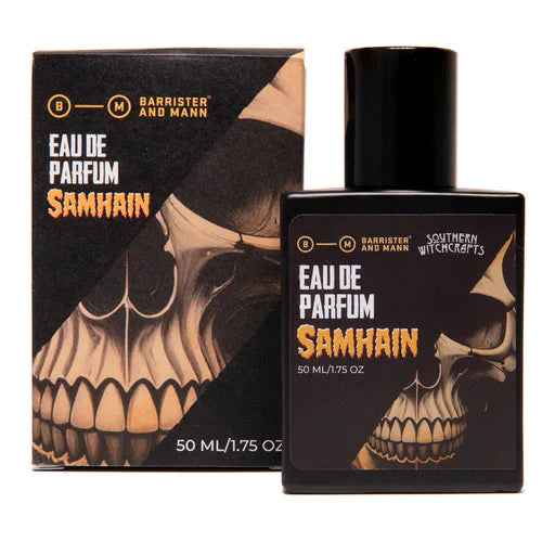 Vegan shaving soap from Barrister & Mann x Southern Witchcrafts Samhain Shaving Collection in a 4 oz container, with a lathered surface.