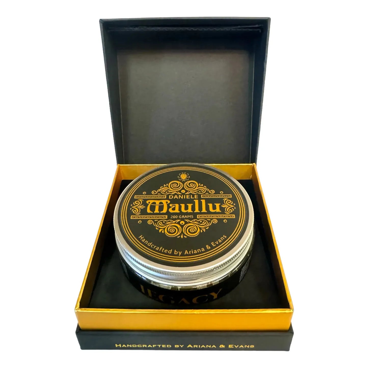 Ariana & Evans Daniele Maullu Legacy Shaving Set with aftershave splash in an elegant grooming collection displayed on a shelf