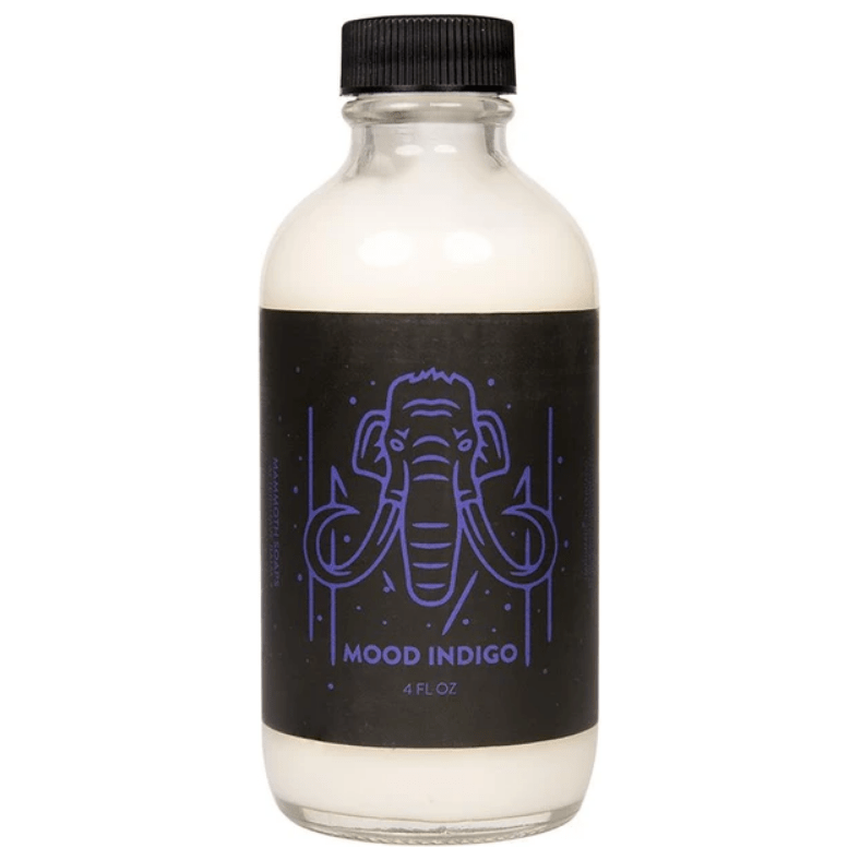 Pasteur Pharmacy House of Mammoth Indigo Shaving Collection with shaving soap in a 4 oz container, set includes grooming essentials.