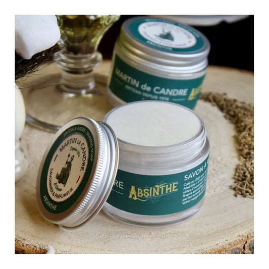Martin de Candre Absinthe Scented Shaving Soap in a 50g container, featuring a rich lather and Absinthe fragrance.