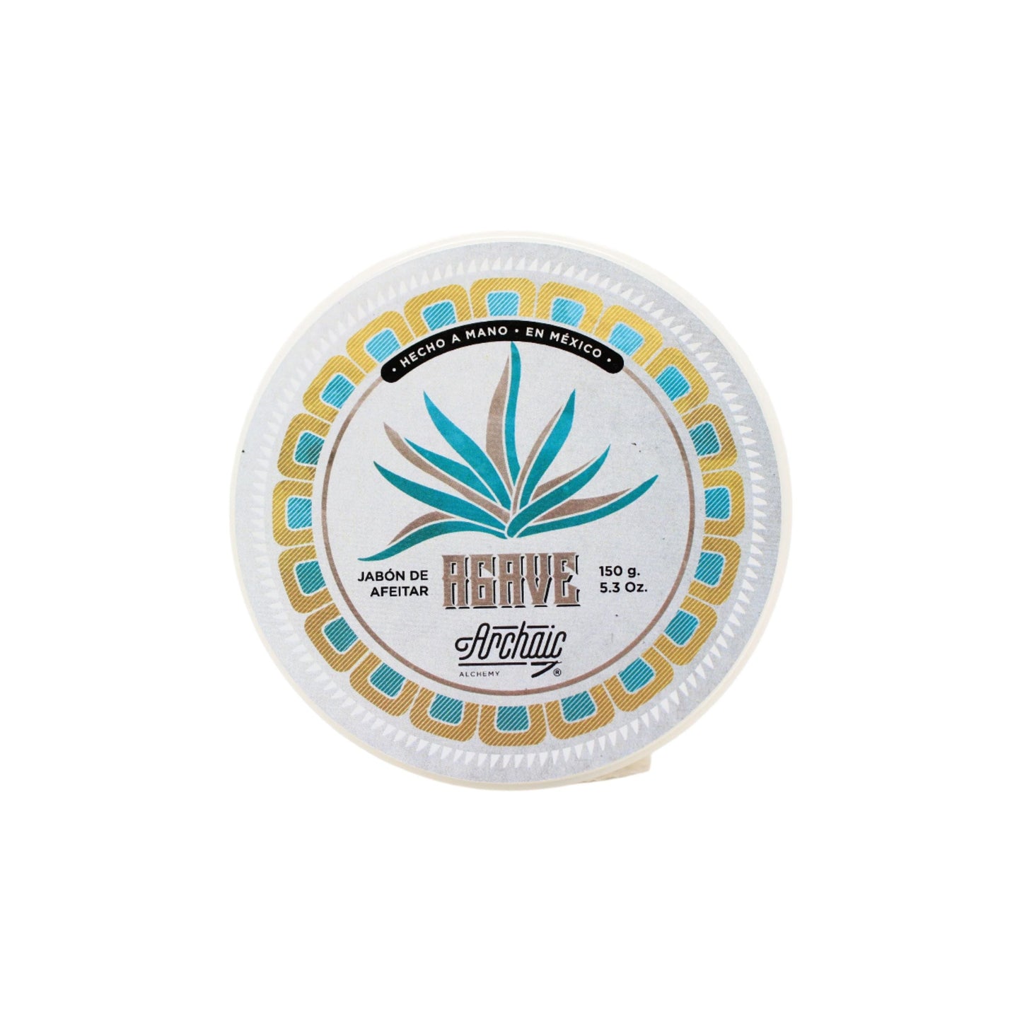 Archaic Alchemy Agave Shaving Soap by Pasteur Pharmacy in a 150g container, with a smooth soap surface and packaging visible.