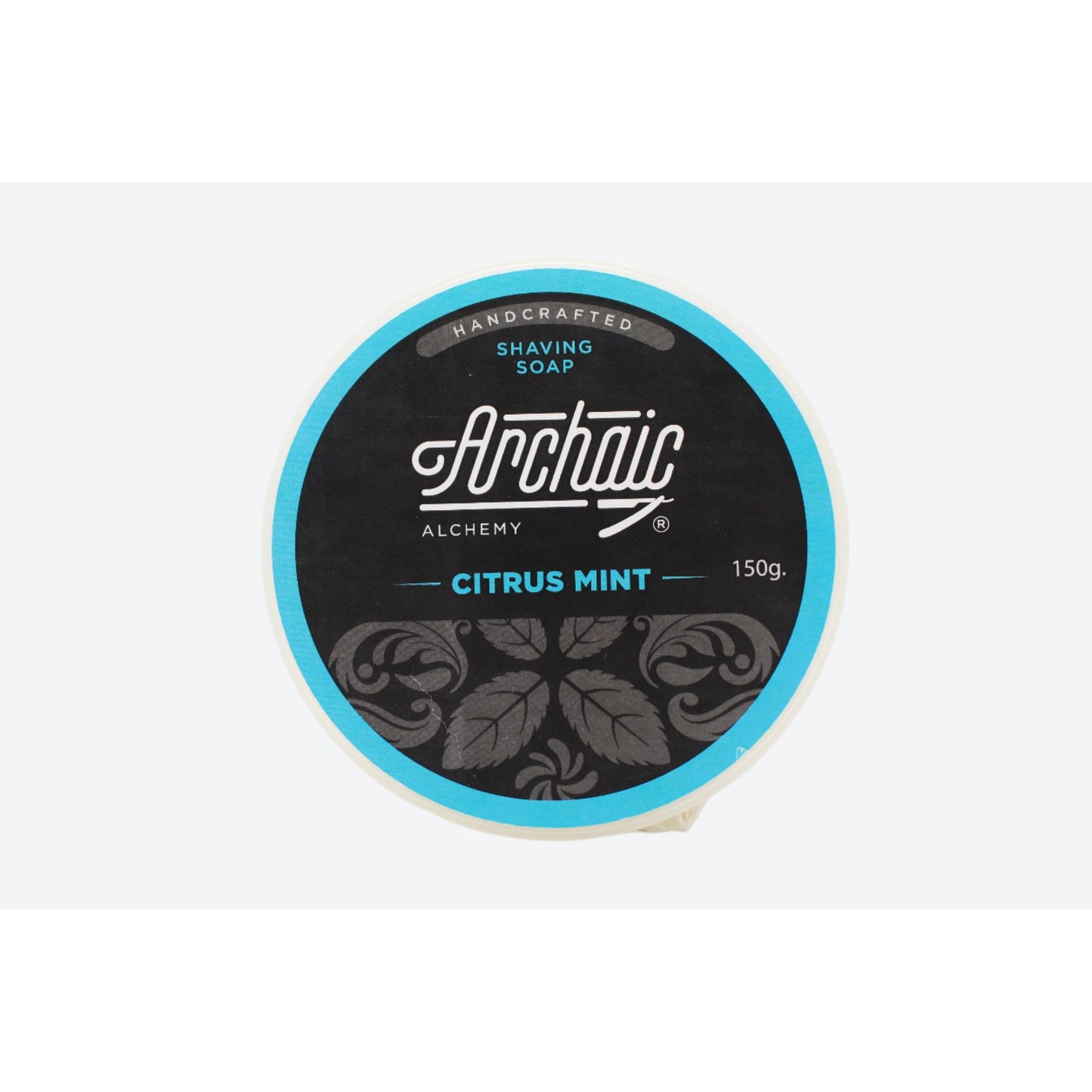 Archaic Alchemy Citrus Mint shaving soap by Pasteur Pharmacy in a 150g jar with fresh citrus and mint scent.