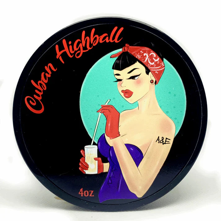 Ariana & Evans Cuban Highball K2e Base Shaving Soap in 4 oz jar, creamy lather, showcasing the soap's packaging and texture.