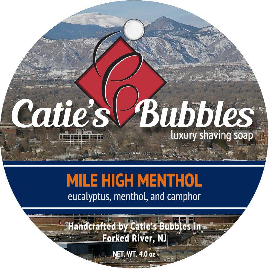 Catie's Bubbles Mile High Menthol Shaving Soap in 4 oz container, cooling menthol scent, ideal for shaving skincare.