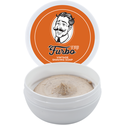 Furbo Orange Vintage Shaving Soap by Pasteur Pharmacy in 100ml tin, with orange-colored packaging and vintage design.