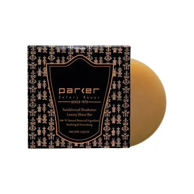 Pasteur Pharmacy Parker Sandalwood Shea Butter Shaving Soap refill 100g in a labeled container with smooth soap surface.