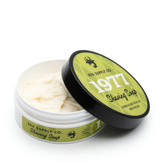 Rex Supply Co. 1977 Old World Tallow Shaving Soap by Pasteur Pharmacy, 4 oz container with vintage-style label and soap inside.