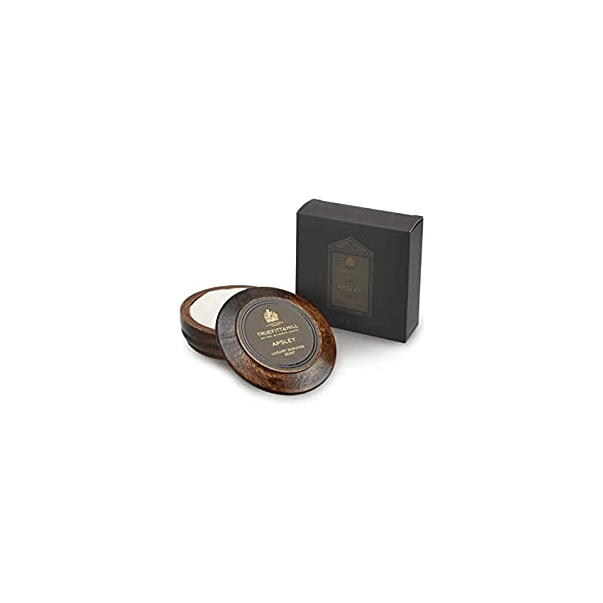 Truefitt & Hill Apsley luxury shaving soap in a wooden bowl, 3.5oz, with a classic design and rich lather surface.