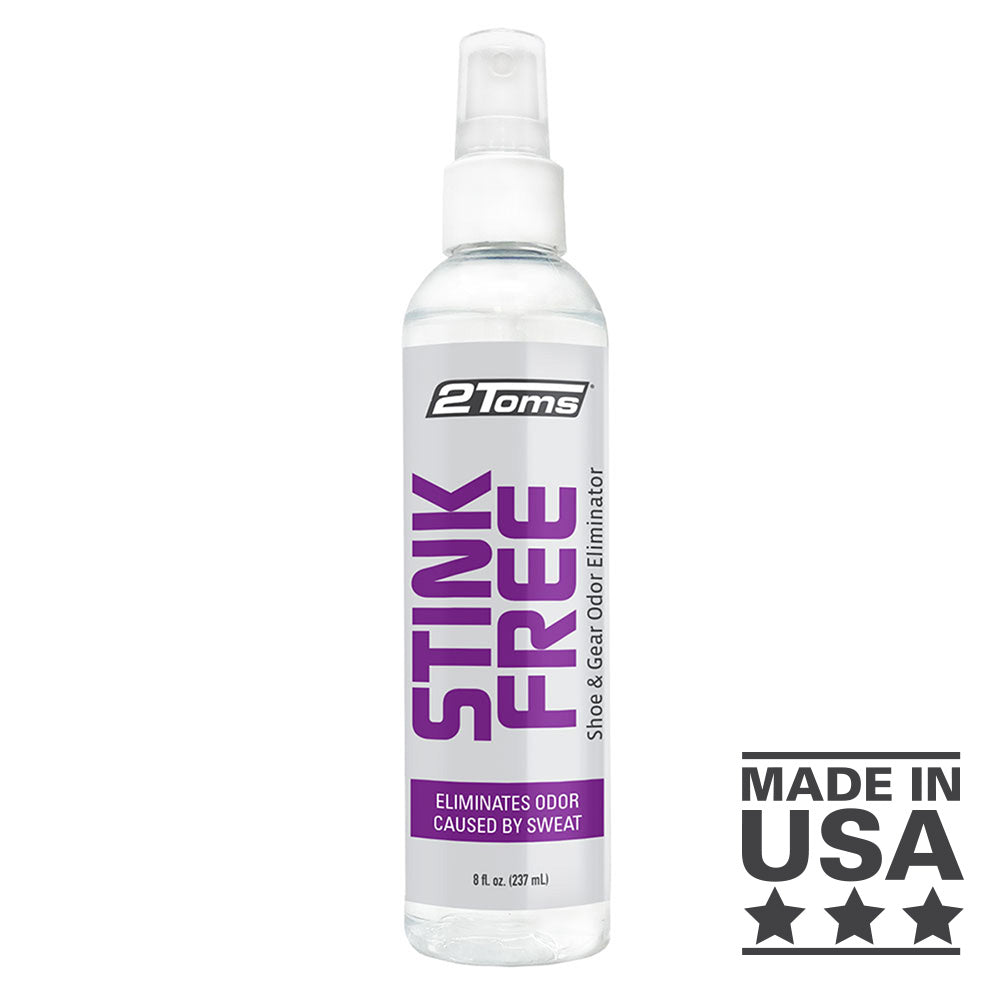 2Toms Stink Free 8 oz spray bottle shoe and gear odor remover, designed to eliminate odors from shoes and athletic gear.
