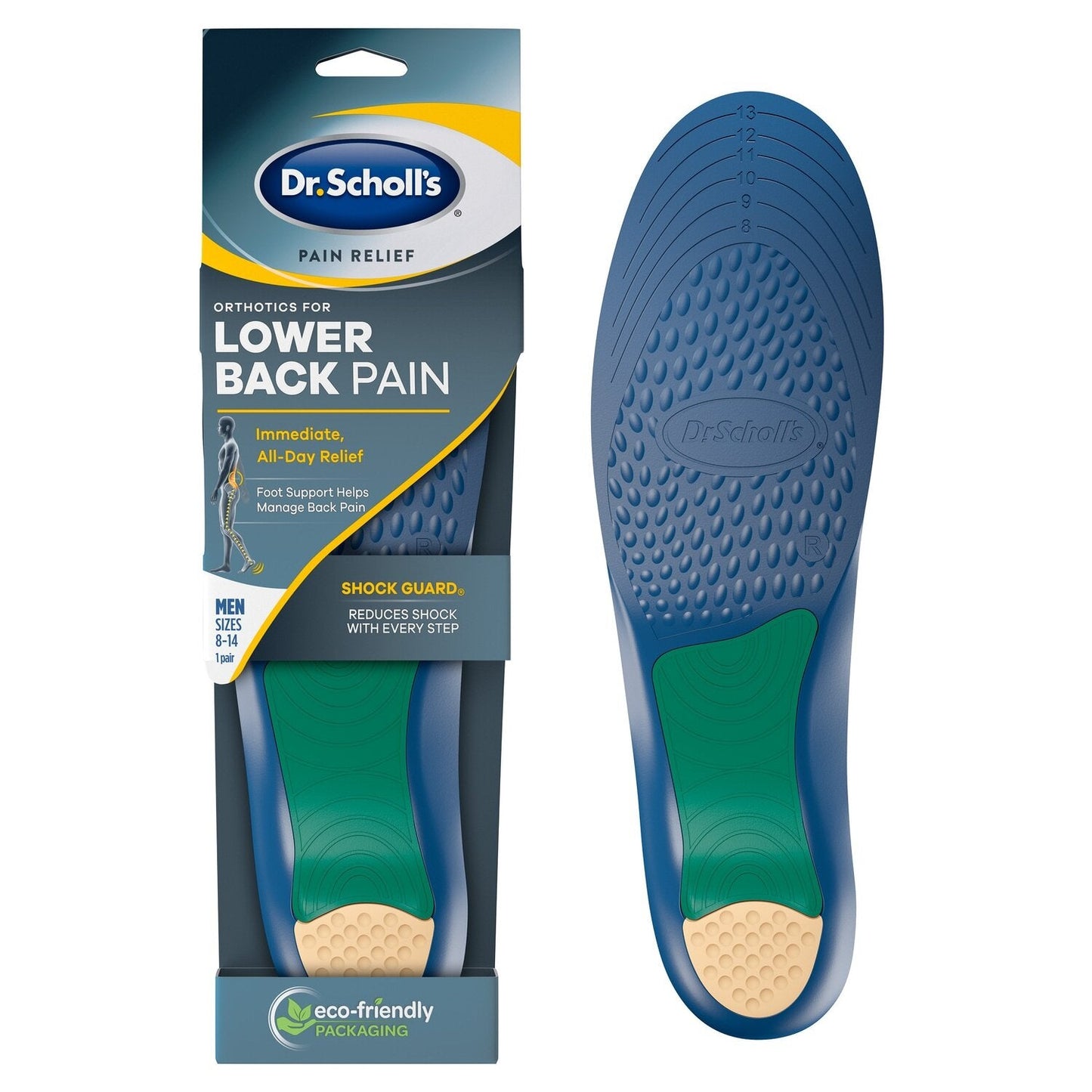 Dr. Scholl's Pain Relief Orthotic shoes for men with lower back support, size 8-14, designed to improve comfort and posture.