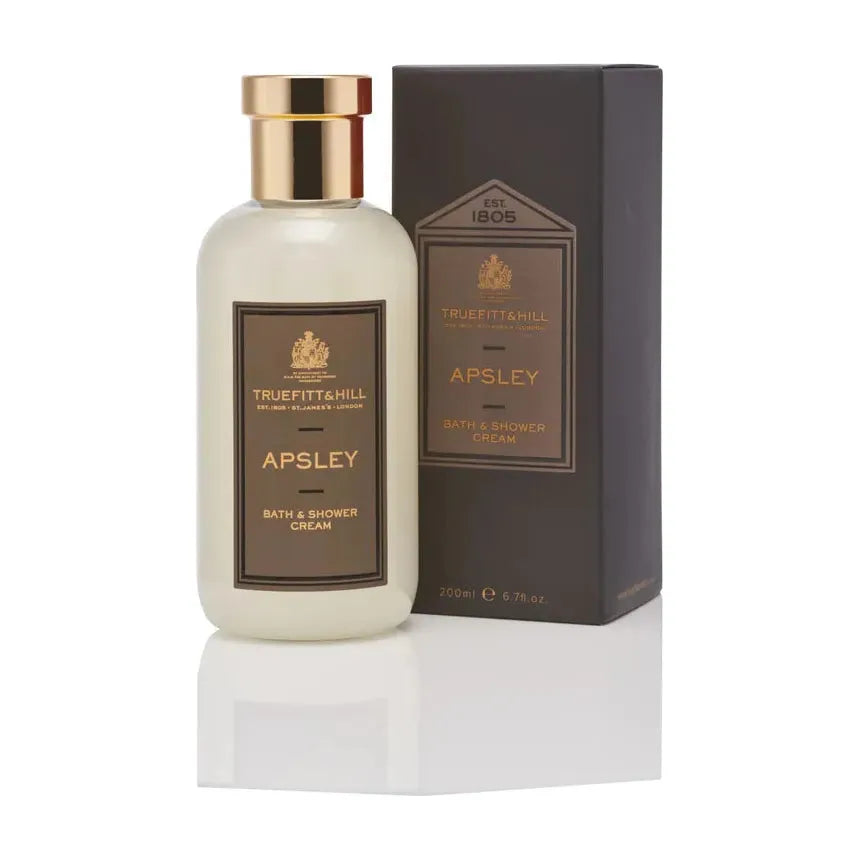 Truefitt & Hill Apsley Batch Shower Cream in 6.7 oz bottle, rich lather with masculine scent, ideal for refreshing skin during shower.
