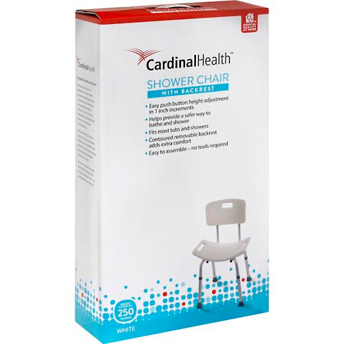 White Cardinal Health shower chair with backrest, adjustable safety seat designed for secure, comfortable bathing assistance.