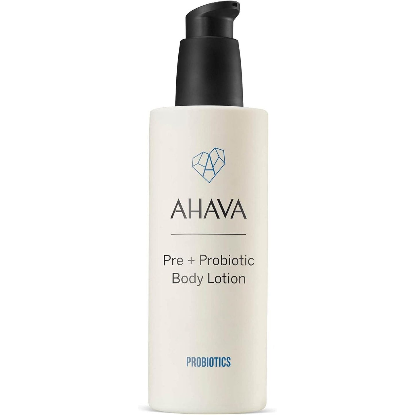 Ahava Pre + Probiotic Body Lotion in 8.45 oz bottle, moisturizing skin care product with probiotic formula.