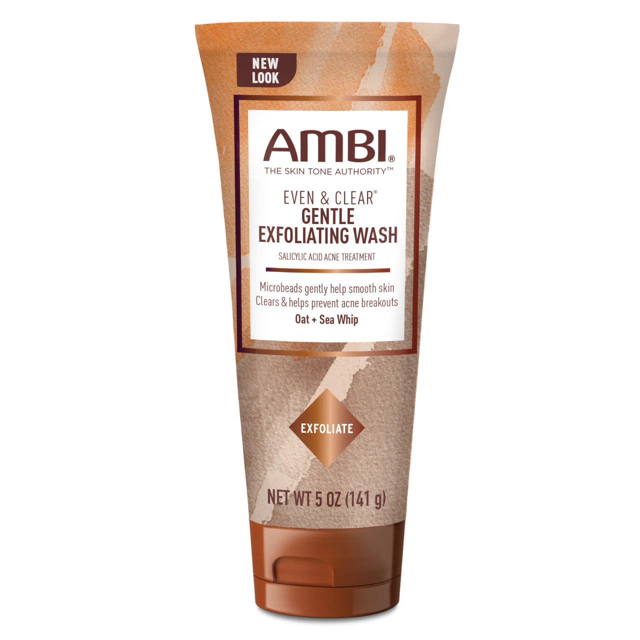 Scented Ambi Skincare Even & Clear Exfoliating Wash in a 5oz bottle, designed for skin cleansing and brightening.