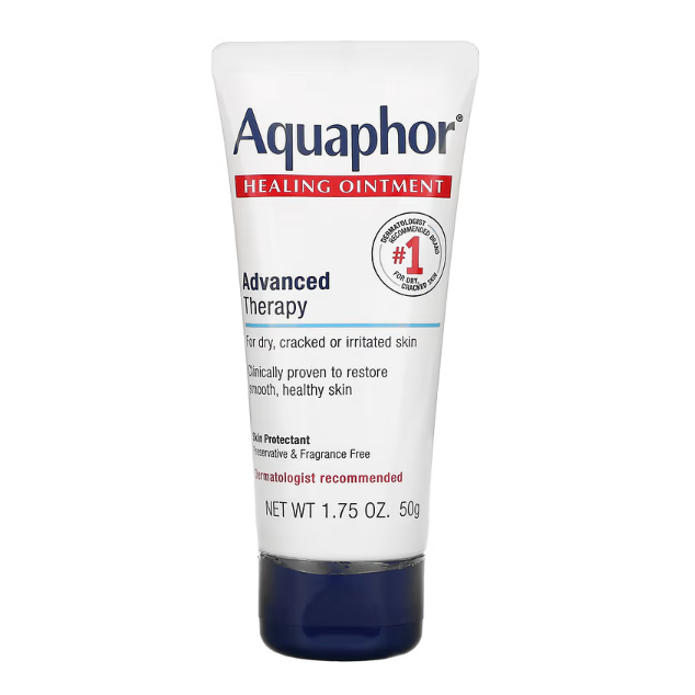Aquaphor Advanced Therapy healing ointment tube for skin protection, 1.75 oz, shown in a white tube with blue cap.