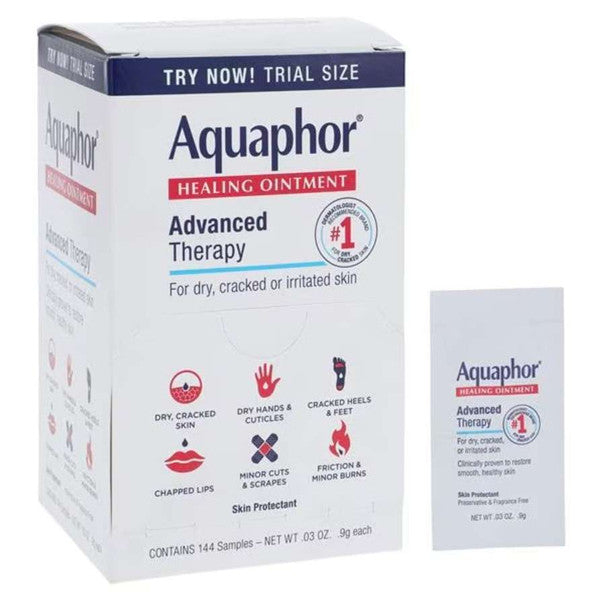 Aquaphor Healing Ointment sample sachet by Pasteur Pharmacy, 144 packs of 0.9g skin care ointment for soothing skin.