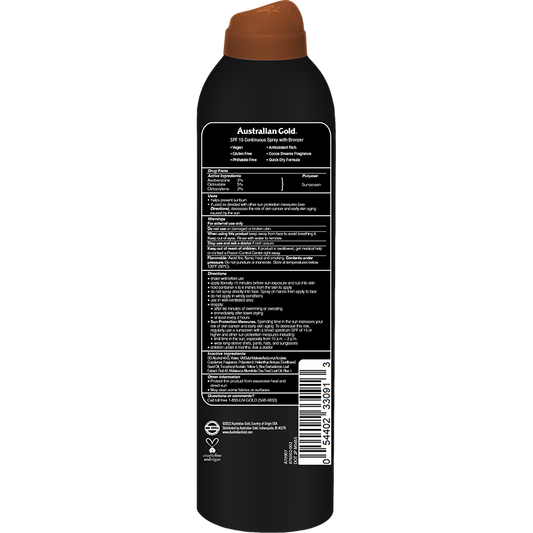 Australian Gold SPF 15 Continuous Spray Bronzer in a 6 oz bottle, skin care product with a spray nozzle for easy application
