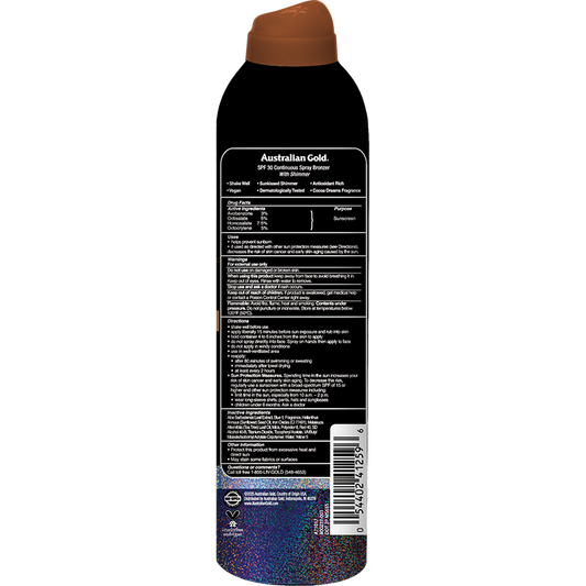 Australian Gold SPF 30 continuous spray bronzer with shimmer, 6 oz, skin care product in a spray bottle.