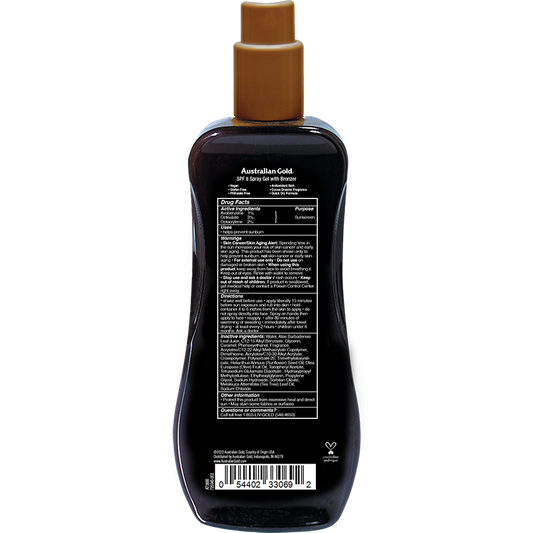 Australian Gold SPF 8 Spray Gel Bronzer in 8 fl oz bottle, moisturizing skin care product with sun protection.