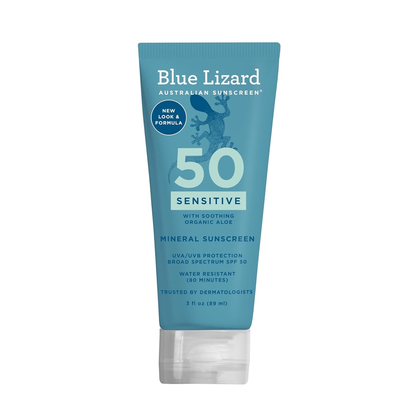 Blue Lizard Sensitive Mineral Sunscreen SPF 50 tube showing sunscreen product with UV protection and water resistance.