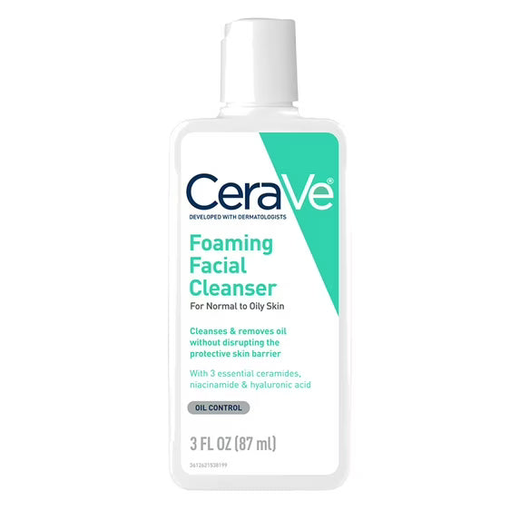 CeraVe Foaming Facial Cleanser in 3 fl oz travel size, liquid skin care product with gentle foaming formula for clean skin