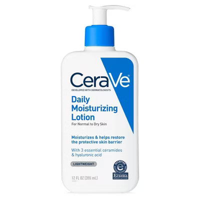 CeraVe Moisturizing Lotion in a 12oz bottle, hydrating skin care product with a white pump dispenser and label.