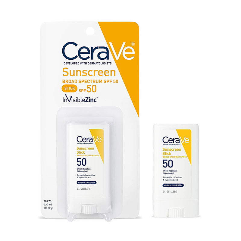 CeraVe Sunscreen Stick Broad Spectrum SPF 50, 13.32g, skincare product with white stick packaging for sun protection.