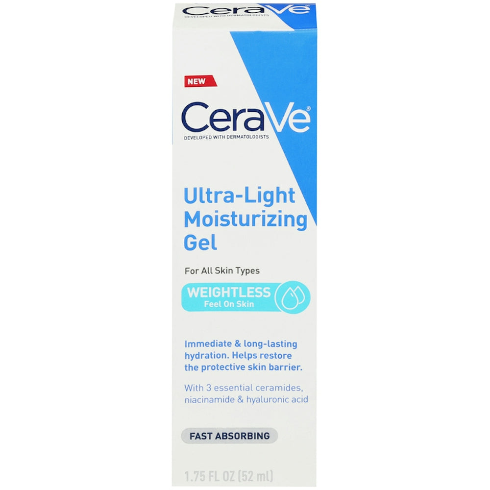 CeraVe Ultra-Light Moisturizing Face Gel in 1.75 fl oz container, skin care product with smooth, clear gel texture.