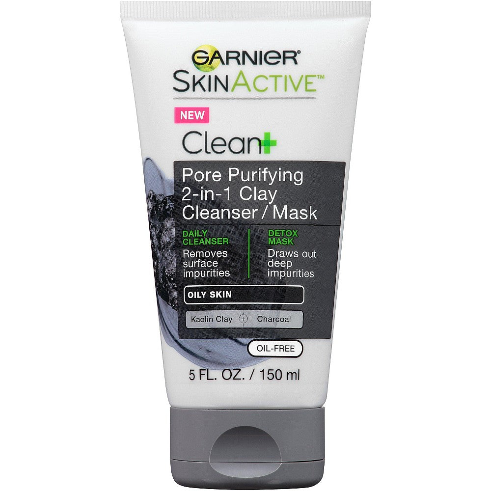 Garnier SkinActive Clean+ Pore Purifying 2-in-1 Clay Cleanser and Mask in 5oz tube, shown with clay and skincare elements