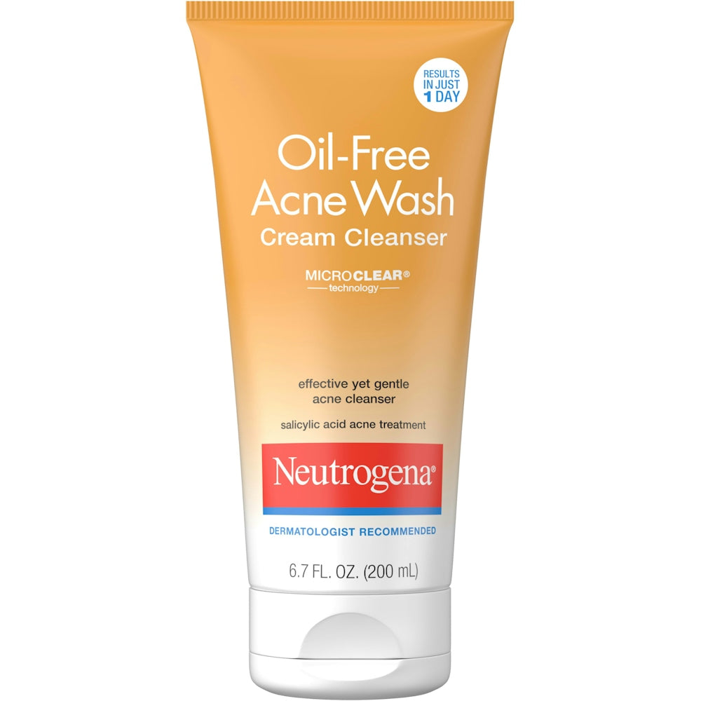 Neutrogena Oil-Free Acne Face Wash Cream Cleanser with Salicylic Acid for acne-prone skin, 6.7 fl oz bottle.