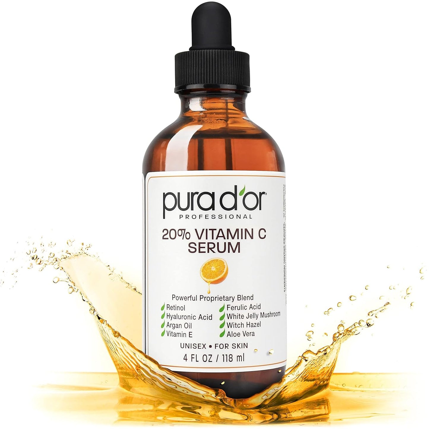 Pura D'or 20% Vita C skin care serum in a 4 oz bottle, featuring bright orange packaging and dropper for easy application.