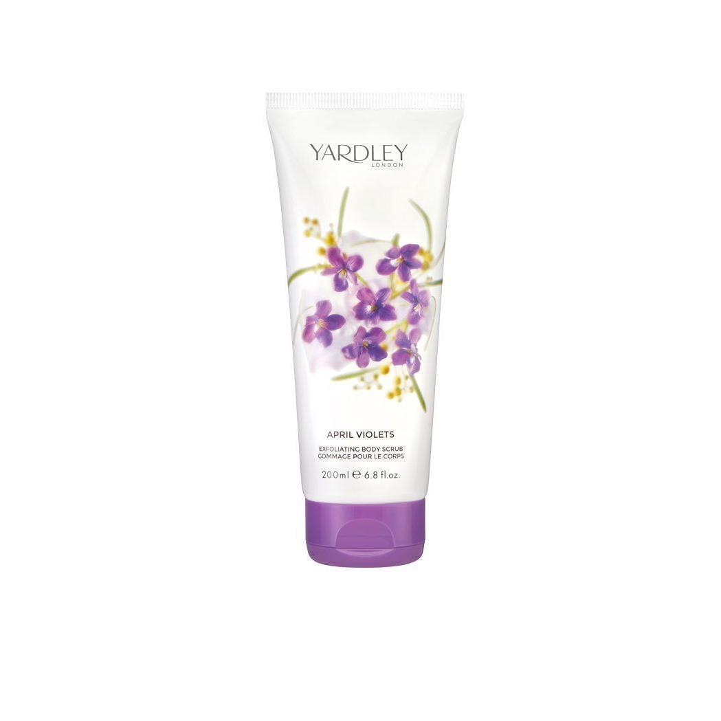 Yardley April Violets exfoliating body scrub in 200ml jar, featuring violet scent and textured skin care formulation.