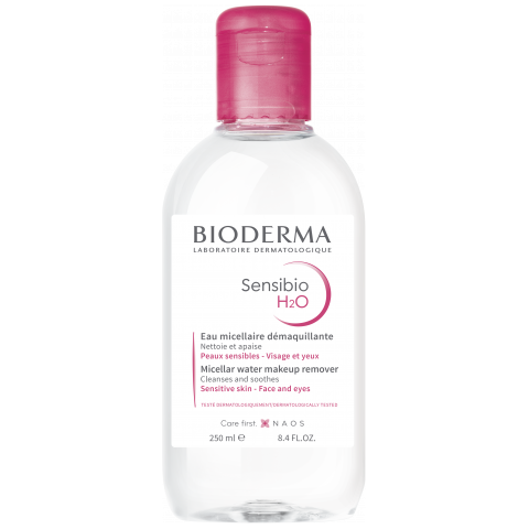 Bioderma Sensibio H2O Micelle Solution for Sensitive Skin in 250ml bottle, gentle skincare product with clear liquid in a pump bottle.