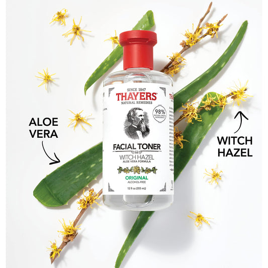 Thayers Witch Hazel with Aloe Vera, alcohol-free skin care product in 12 oz bottle, soothing and gentle for sensitive skin