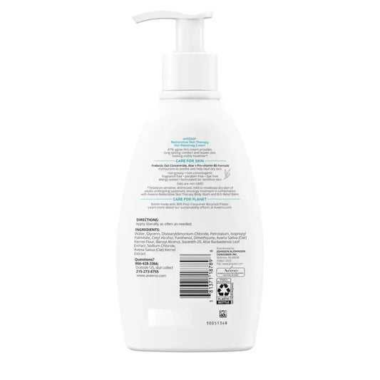 Aveeno Restorative Skin Therapy Oat Repairing Cream for dry skin, 12 oz, in a white jar with a blue lid.