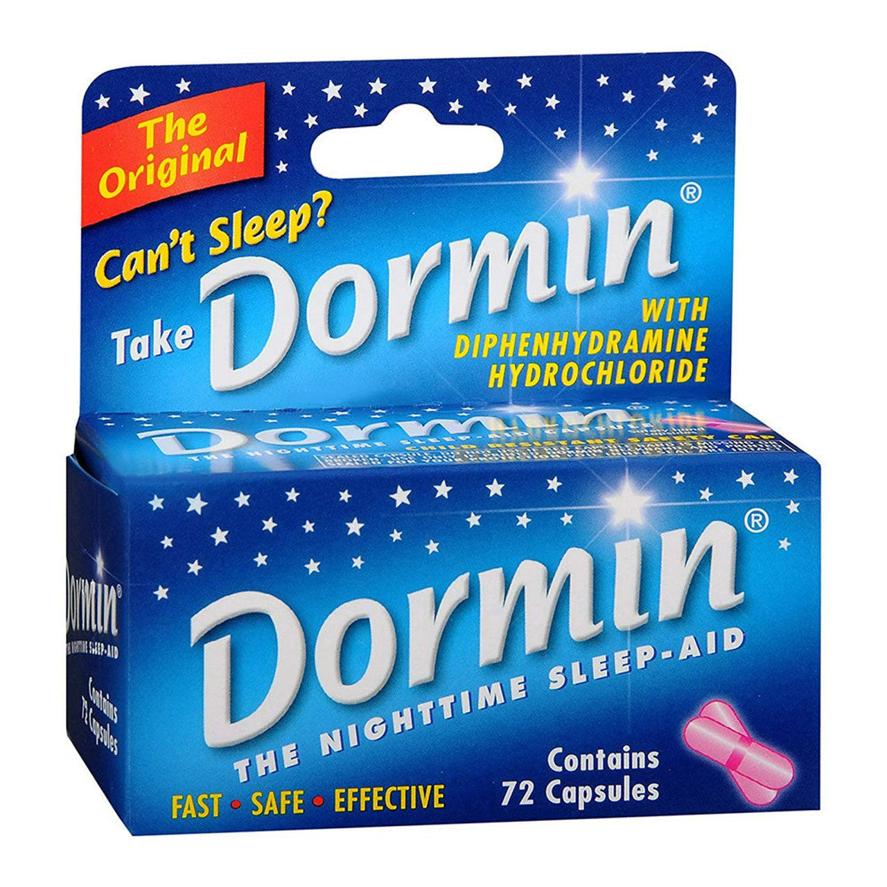 Dormin Night-Time Sleep Aid capsules by Pasteur Pharmacy, natural sleeping aid for restful sleep, in a blister pack.