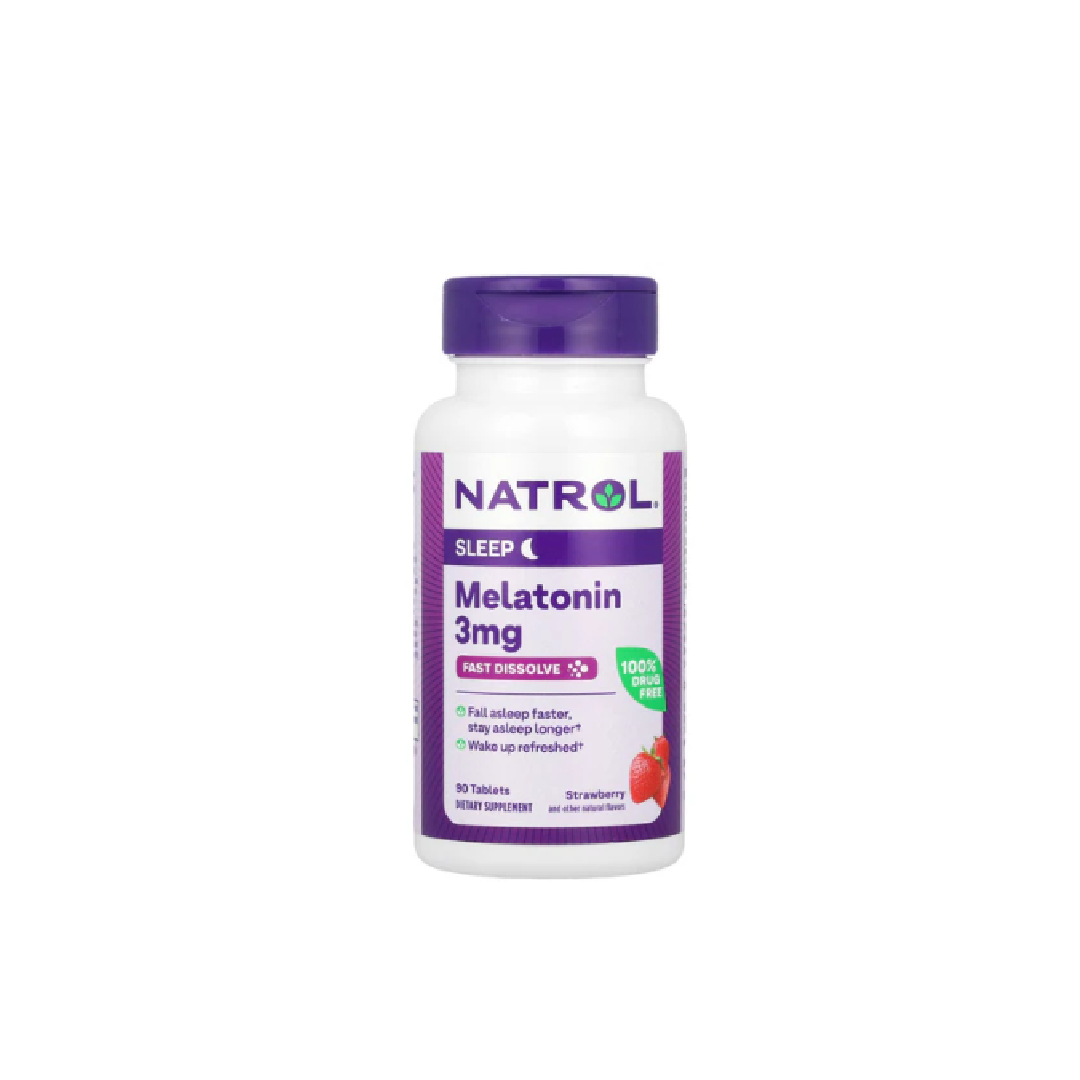 Natrol Melatonin 3mg fast dissolve tablets for sleep aid, cherry flavor, 90-count bottle, natural supplement for restful sleep.