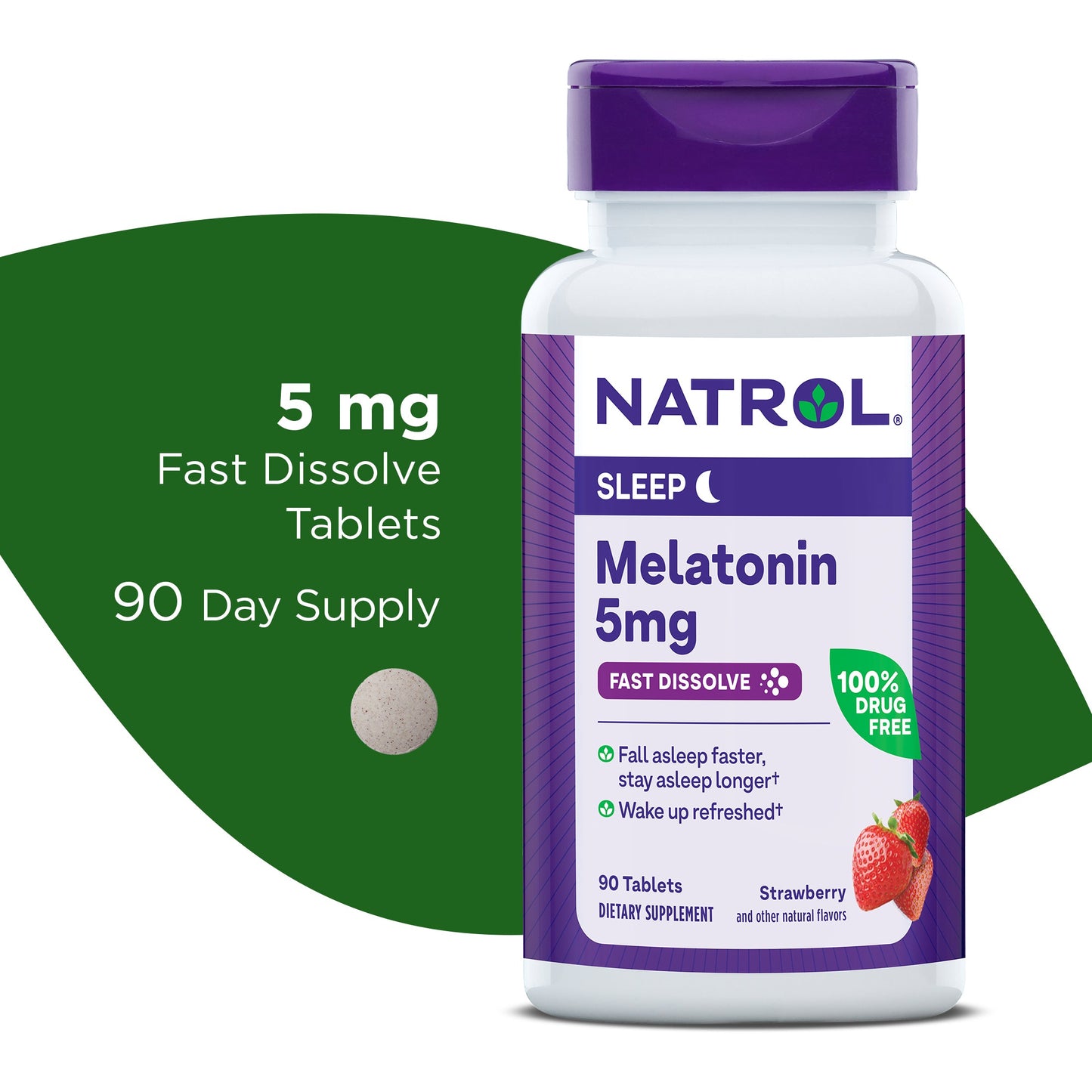 Box of Natrol Vegetarian Melatonin 5 mg sleep aid tablets with strawberry flavor, designed for fast dissolving and extra strength.