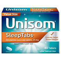 Unisom SleepTabs nighttime sleep aid bottle with 80 tablets, containing 25mg doxylamine succinate for sleep support.