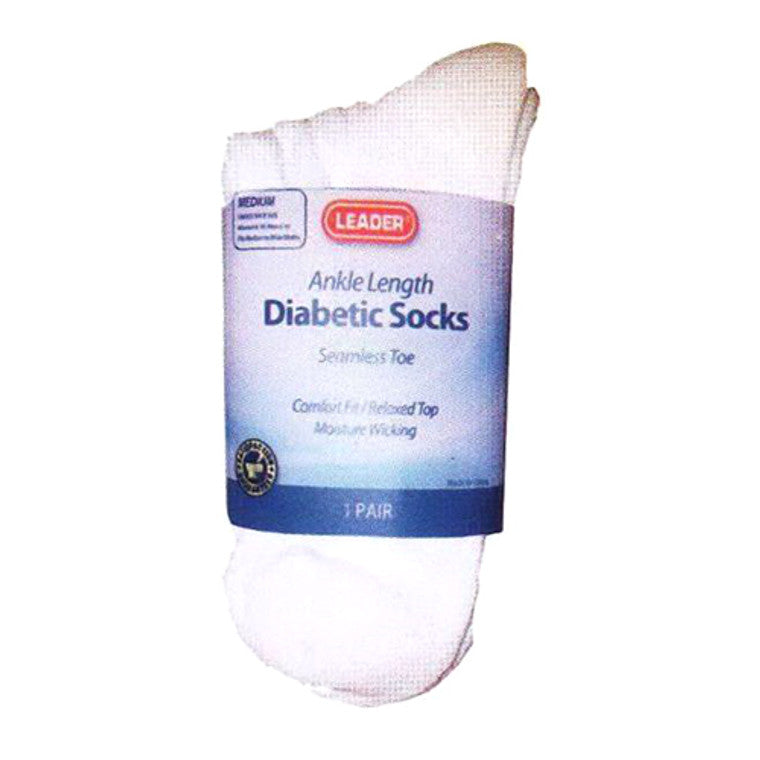 White Leader diabetic crew socks in large size from Pasteur Pharmacy, one pair shown on a neutral background.