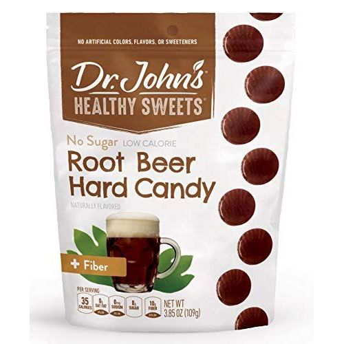 Dr. John's Healthy Sweets Sugar-Free Root Beer Hard Candy in 3.85 oz package, featuring colorful root beer flavor candies.