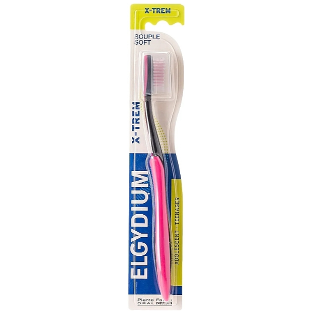 Elgydium X-Trem Teenage Soft Toothbrush in pink and black, designed for gentle cleaning and oral hygiene.
