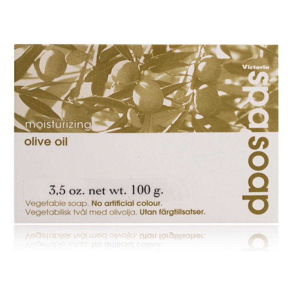 Victoria Swedish Spa Soap with Olive Oil by Pasteur Pharmacy, 3.5oz bar showing creamy soap and olive oil ingredients.