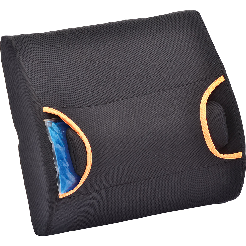 Nova back cushion with hot and cold pack for stadium seats and cushions by Pasteur Pharmacy, showing ergonomic design and integrated pack