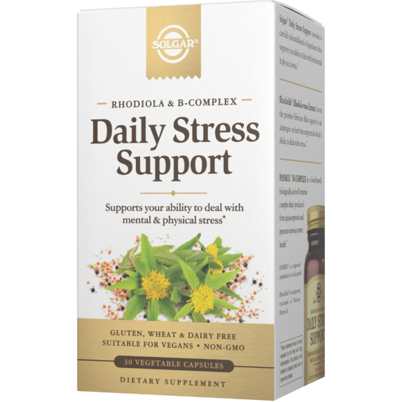 Solgar Daily Stress Support supplement in 30 capsules, natural stress relief supplement with herbal ingredients.