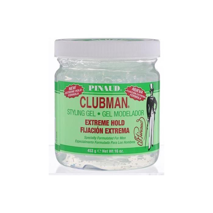 Clubman Pinaud Extreme Hold Styling Gel in a 16 oz container, ideal for strong, long-lasting hairstyle hold.