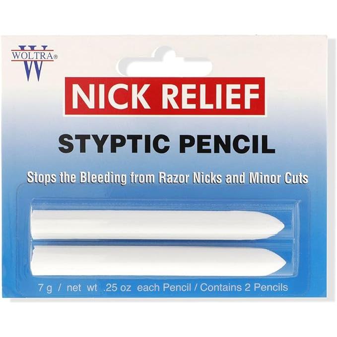 Woltra Nick Relief Styptic Pencil by Pasteur Pharmacy, showing two styptic pencils for stopping bleeding from minor cuts.
