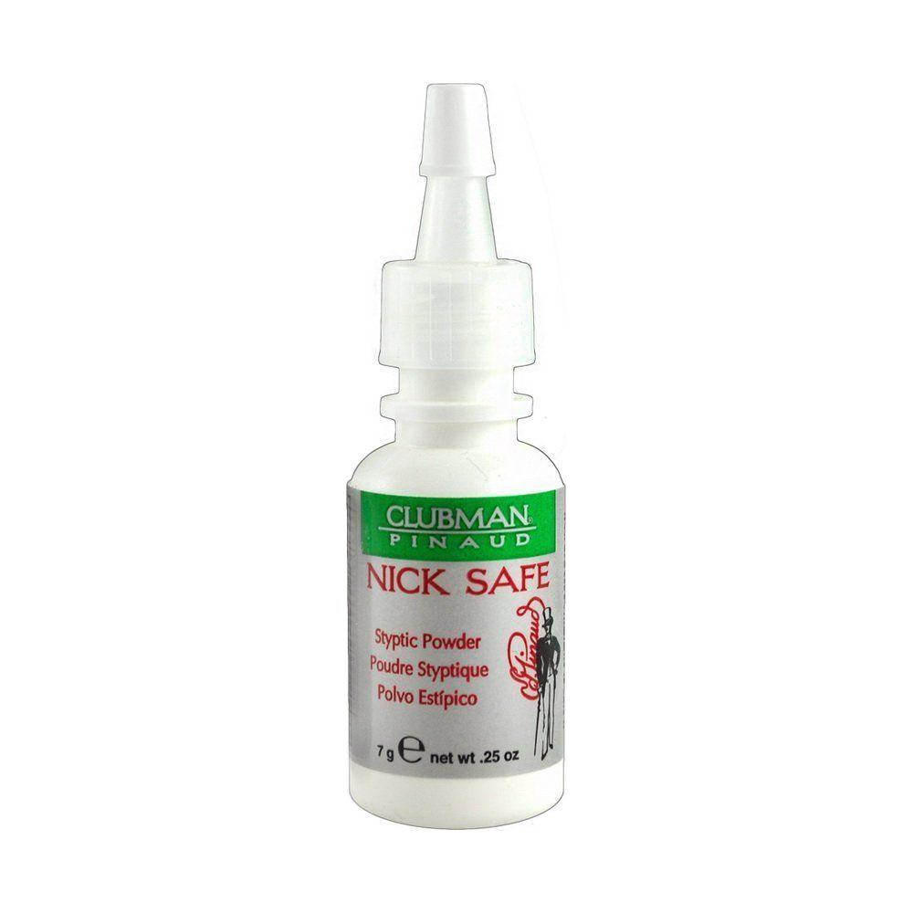 Clubman Pinaud Nick Safe Styptic Powder in 7g container, shown in its packaging, used to stop bleeding from minor cuts.