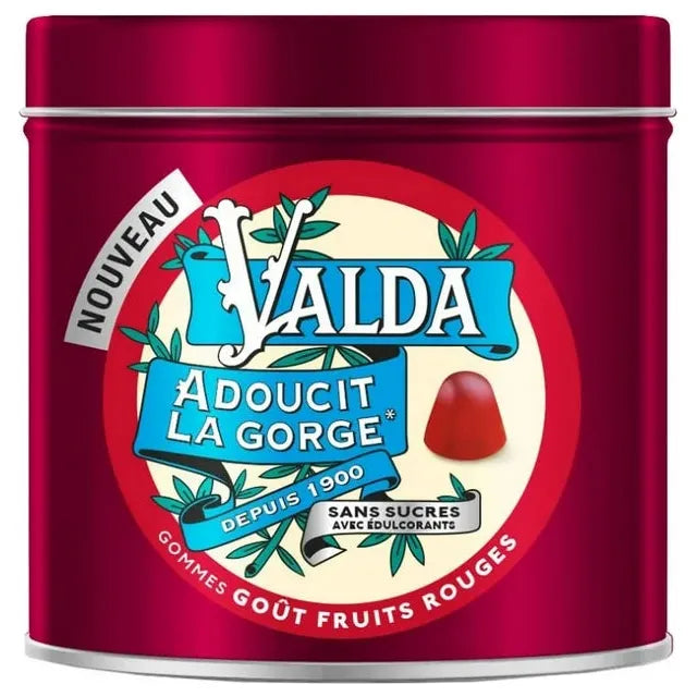 Valda Pastilles Red Fruits Sugar Free Gums in 140g package, natural fruit flavor, by Pasteur Pharmacy.